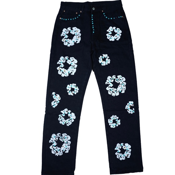 Denim Tears Studded Black Cotten Wreath Print Jeans